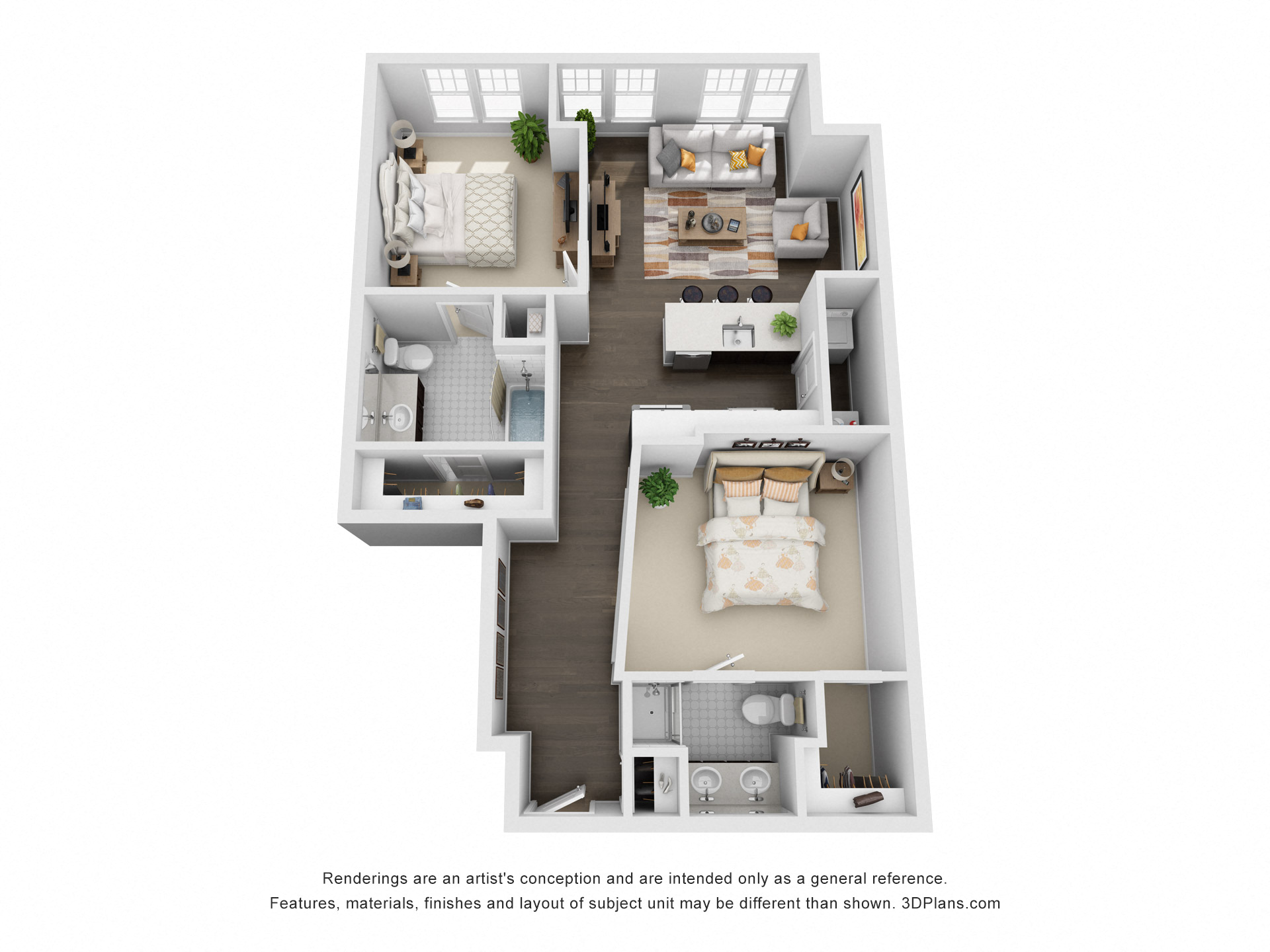 Floor plan for 2 beds, 2 baths, 953 sqft